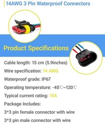 14AWG 3 Pin Plug Waterproof Connector, Male and Female Way Auto Electrical Wire