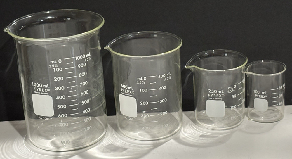 PYREX Glass Beakers Laboratory Science Equipment 1000 ml-600 ml-250 & 100
