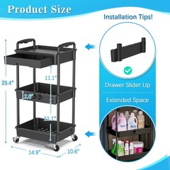 Sunally 3 Tier Rolling Cart Drawer Bathroom Storage Organizer 2 Lockable Wheels