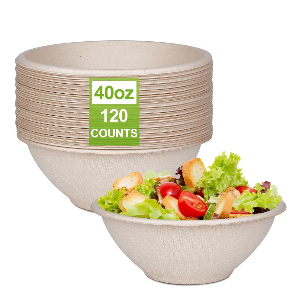 Large Paper Bowls, 40oz Compostable Bowls, 120 Pack Heavy Duty Disposable Bow…