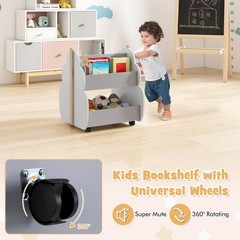 Costzon Kids Bookshelf Universal Wheels 2-Tier Toddler Bookshelf Wooden Book