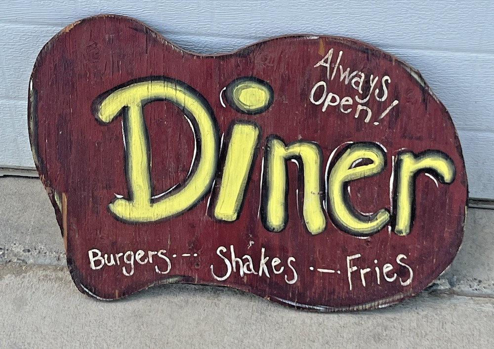 VTG Wood Sign Diner Always Open! Burgers, Shakes, Fries -Rustic, Painted, 20×14