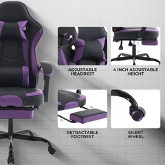 Purple Ergonomic Gaming Chair, Computer Chair with Footrest and Lumbar Support a