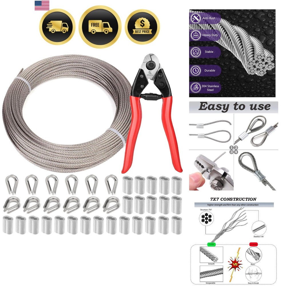 1/8 Inch Stainless Steel Cable 100FT – 7×7 Strand Aircraft Wire Rope with Loo…