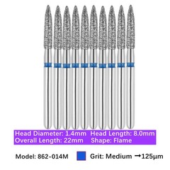 10/Pk Dental Flame Diamond Burs FG 862-014M Medium Grit High Speed Handpiece