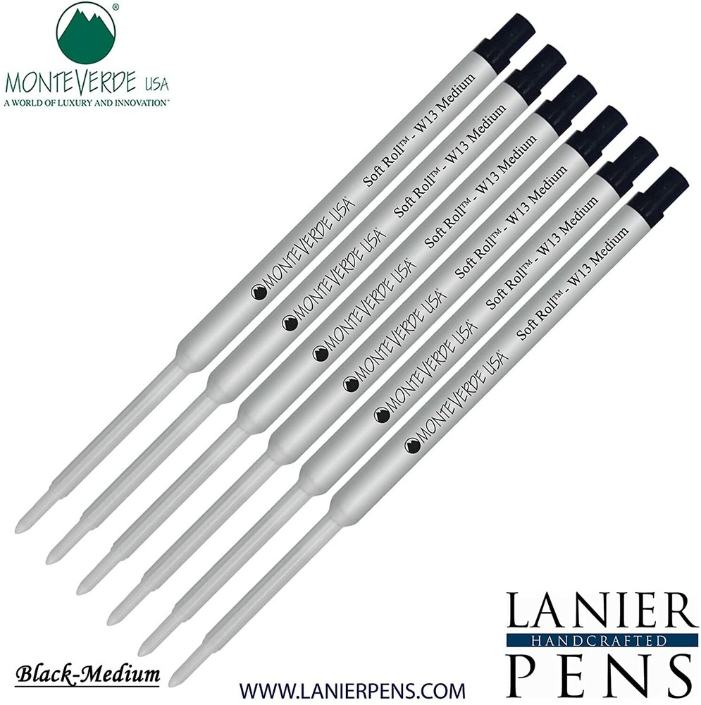 6 Pack- Monteverde W13 Soft Roll Ballpoint Refill Black Medium Tip 0.7mm