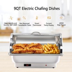 Electric 9 QT Chafing Dish Buffet Set, NSF Stainless Steel Roll Top Food Warmer