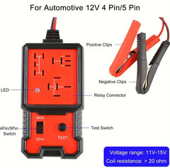 12V 4/5 Pin Relay Tester for Car-Professional Auto Automotive with Clips Durable