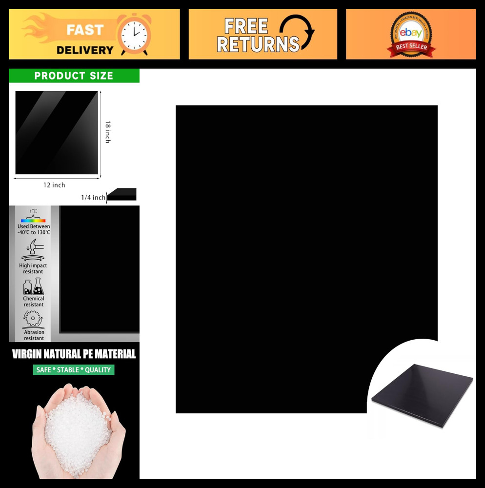 Heavy Duty Black HDPE Sheet 1/2″ Thick, 12″ x 24″ High Density Polyethylene Boar