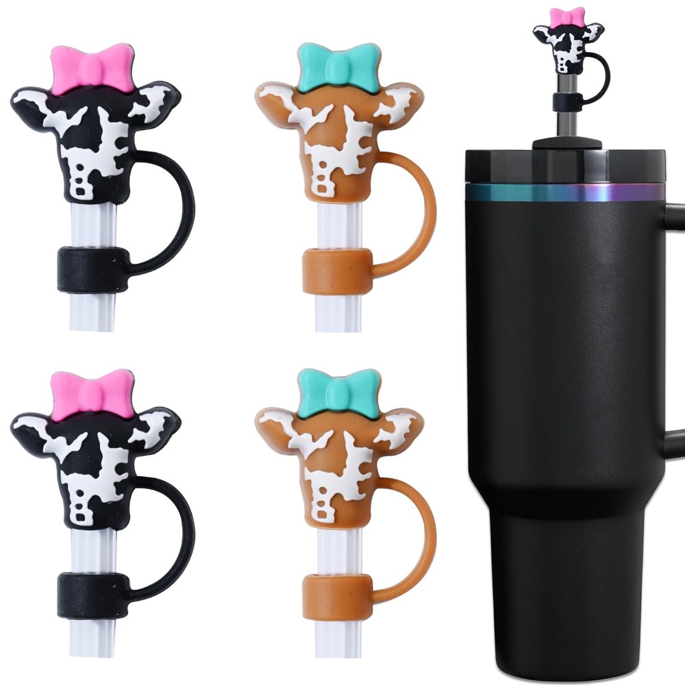Amreich Cow Straw Covers – 4PCs Silicone Toppers 10 Millimeters,