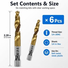QWORK 6pcs Drill Tap Bit Set 1/4″-20 UNC Titanium Coated HSS – One-Step…