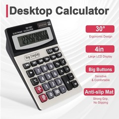 Desk Calculator, Extra Large 4in LCD Display, 12 Digits, Solar & Black