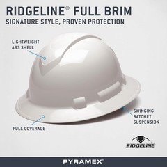 Pyramex Full Brim Safety Helmet – White 4-Point Ratchet, Replaceable Sweatband