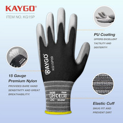 KAYGO Ultra Thin PU Coated Safety Work Gloves, 12 Pairs Nylon Knit, High