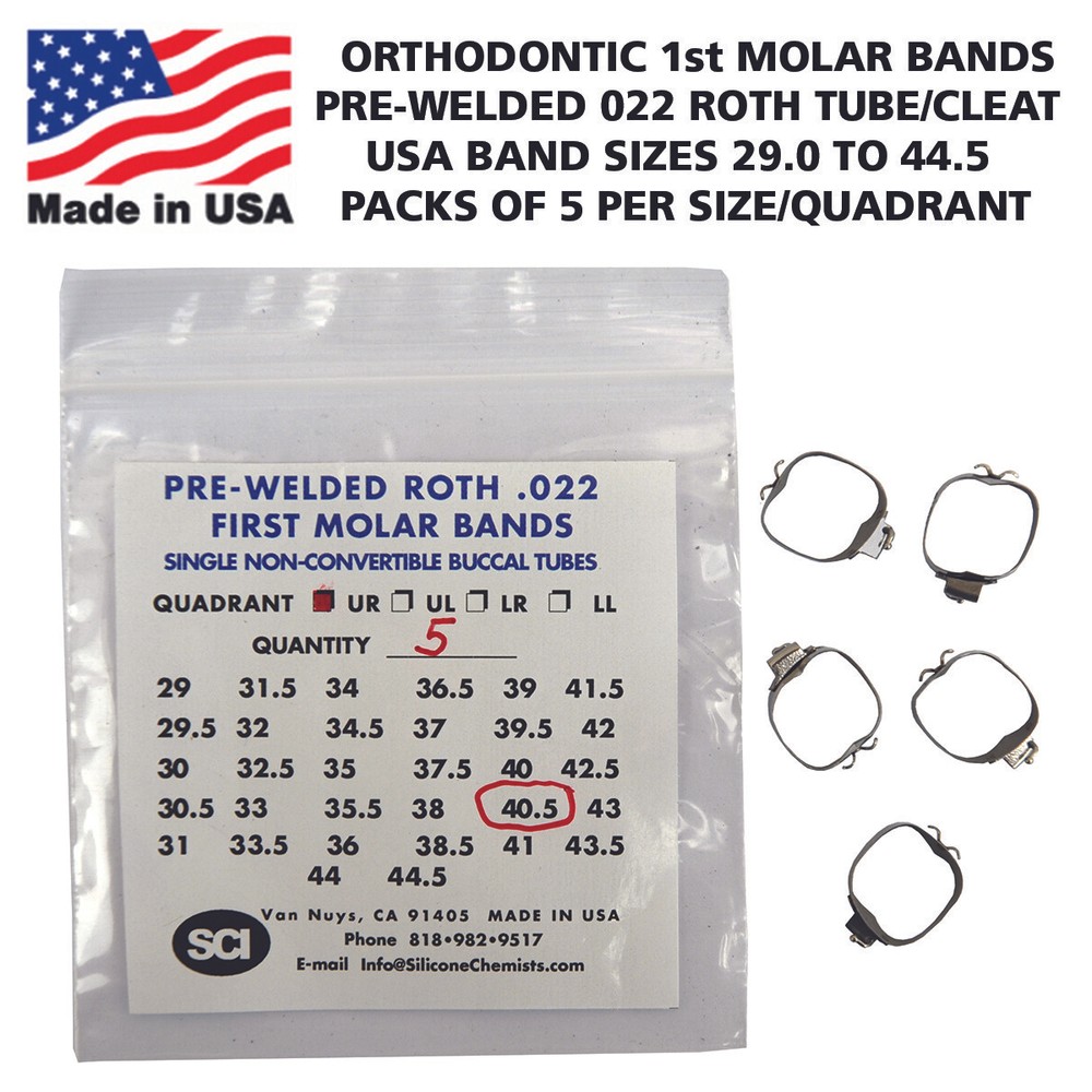 Orthodontic Pre-Welded 1st Molar Bands USA Sizes Roth .022 Tube/ Cleat Pack of 5