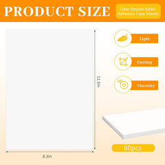 60 Sheets A4 Size 8.3×11.5 Inch Clear Double Sided Adhesive Tape Sheets, Super S