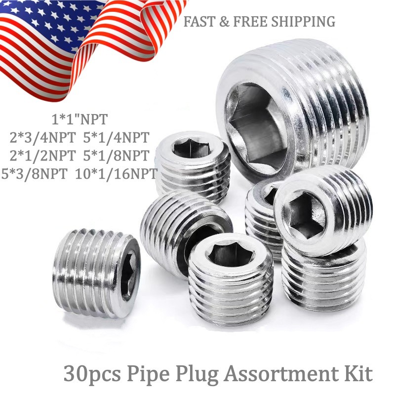 30pc Pipe Plugs Assortment Kit 1 3/4 1/2 3/8 1/4 1/8 1/16 NPT Allen Head Fitting