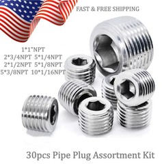 30pc Pipe Plugs Assortment Kit 1 3/4 1/2 3/8 1/4 1/8 1/16 NPT Allen Head Fitting