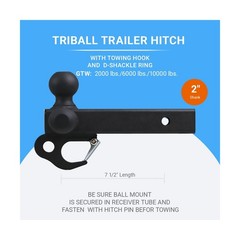 Tri-Ball Trailer Hitch w/Hook & D-Ring Shackle, Fits 2-Inch Receiver | Matte …