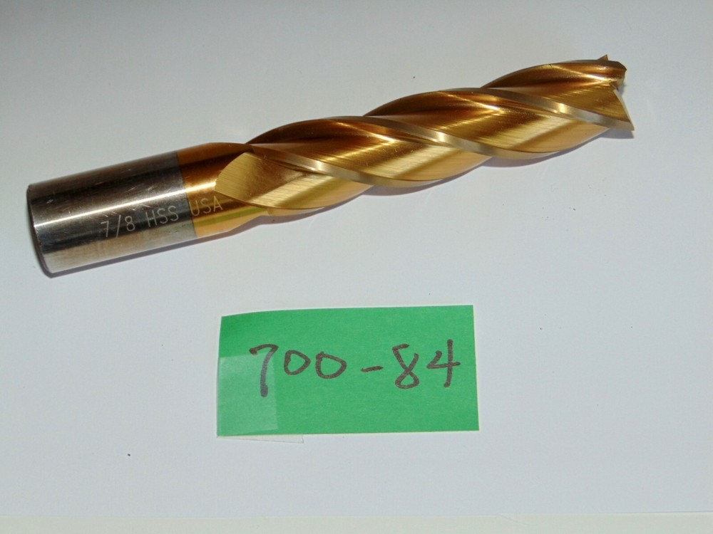 NEW 7/8” End Mill HSS TiN 4F Sq End 7/8″x 3-5/8″LOC x 7/8 x 5-3/4 new old stock