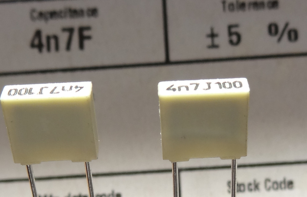 4 pcs , 0.0047 uF, (4.7nF) 100V, Metallized Polyester Film Capacitors, by Kemet