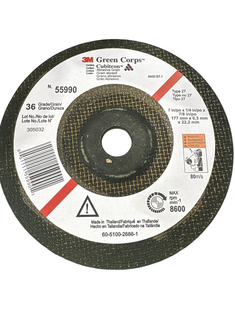 3M Green Corps 7″ x 1/4″ x 7/8″ Flap Disc – 36 Grit – 12 Pack