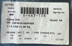 Lot of 25 Vishay Dale CMF551K1000FHEB 1.1KΩ 1/2W 1% Metal Film Resistors