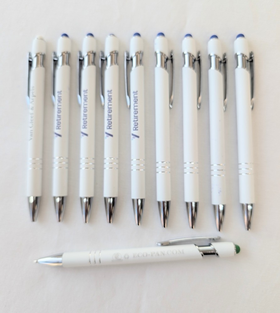10 Misprint Metal Soft Touch Stylus Retractable Click Pens ALPHA Pen Lot WHITE