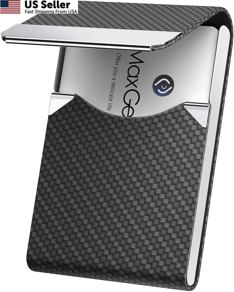 MaxGear Business Card Holder, Slim PU 0.5 x 2.4 x 3.7 inches, Black Carbon