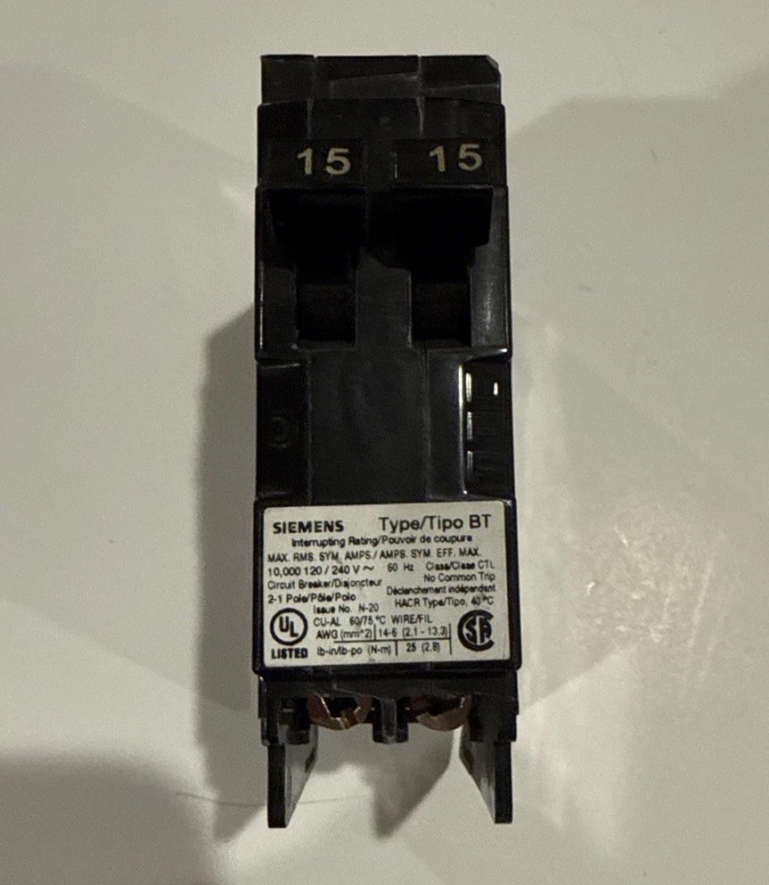 Siemens B1515 Tandem 15A-15A Type BT Circuit Breaker New