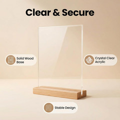 Acrylic Sign Holder 8.5×11 Inch with Solid Wood Base – Thick & Stable Clear Menu