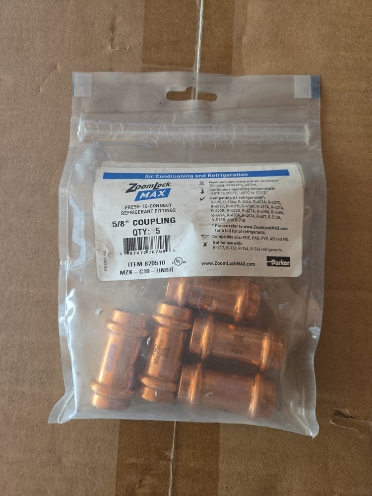 Parker MZK-C10-HNBR 5/8″ ZoomLock MAX Coupling Press To Connect Refrigerant