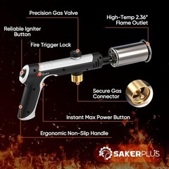Saker MT920 Propane Torch w Max Fire Trigger 1-Touch Start Safety Lock Adj Flame
