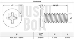 M2.5 x 3mm, Phillips Flat Wafer Head Screws, Steel, Laptop Computer, Countersunk