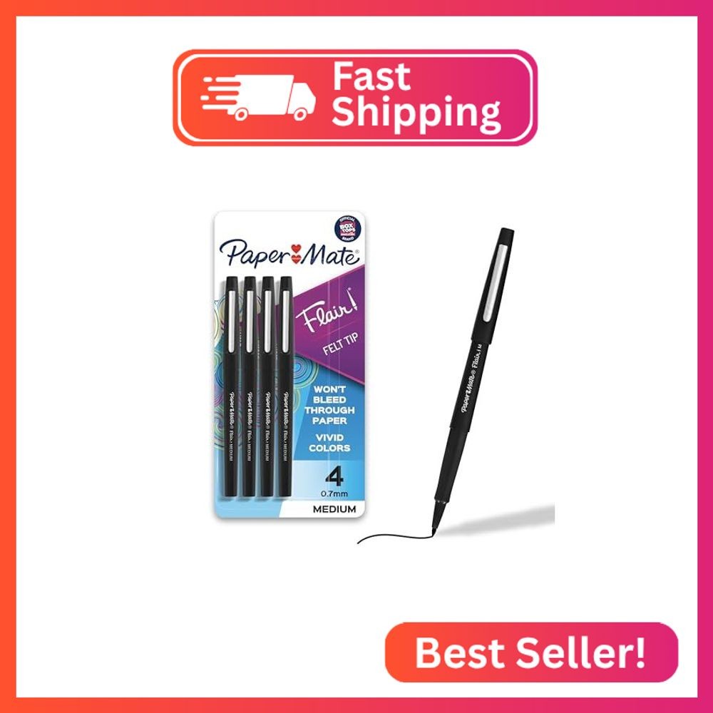 Paper Mate Flair Felt Tip Pens, Medium Point (0.7mm), Black, 4 Count