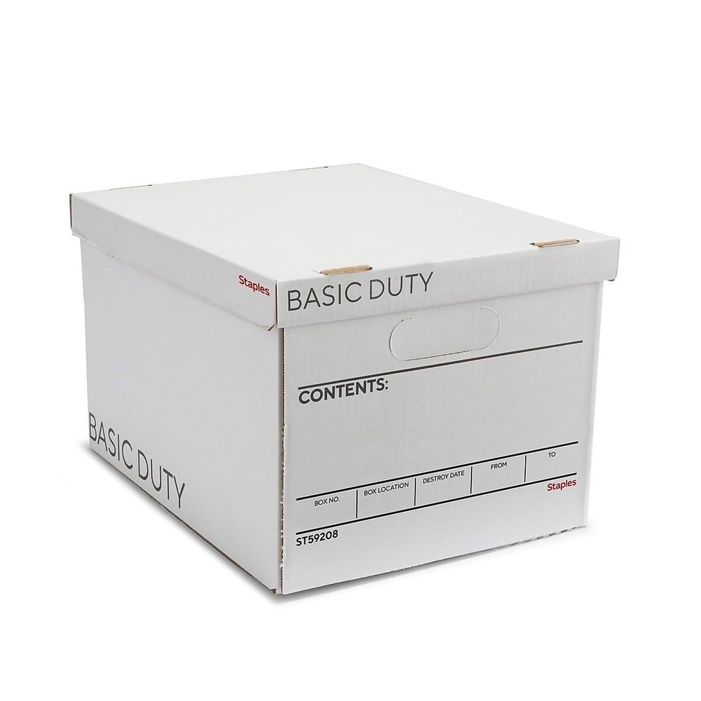 STAPLES Corrugated File Box Lift Off Lid, Letter/Legal Size, White/Black, 10/…