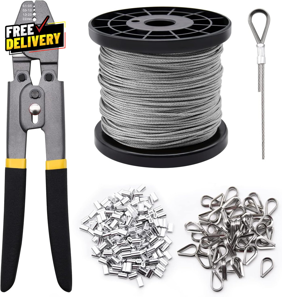 328Ft Wire Rope Crimping Tool Kit, Stainless Steel Wire Rope Cable with Alumi…