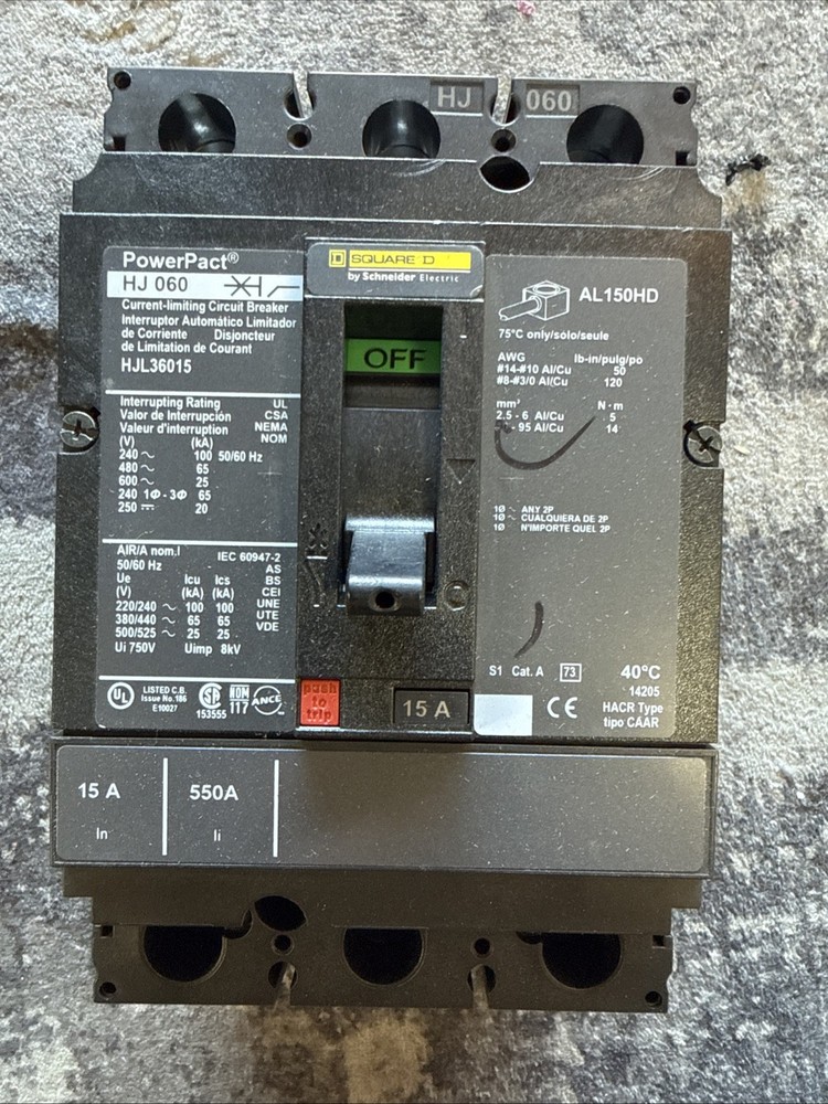 Square D HJL36015 15A 600V 3 Pole PowerPact Circuit Breaker –