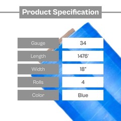 4 Rolls Pre-Stretch Hand Wrap Plastic Shrink Film Blue 17″ x 1476′