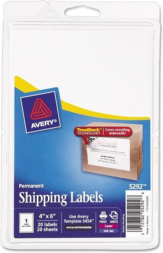 Avery 5292 Shipping Labels, Laser/Inkjet, 4-Inch x6-Inch, 20 Labels/PK, White