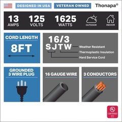 Thonapa 16/3 8 Ft Outdoor Extension Cords – 2 Pack Black Durable Black Cable