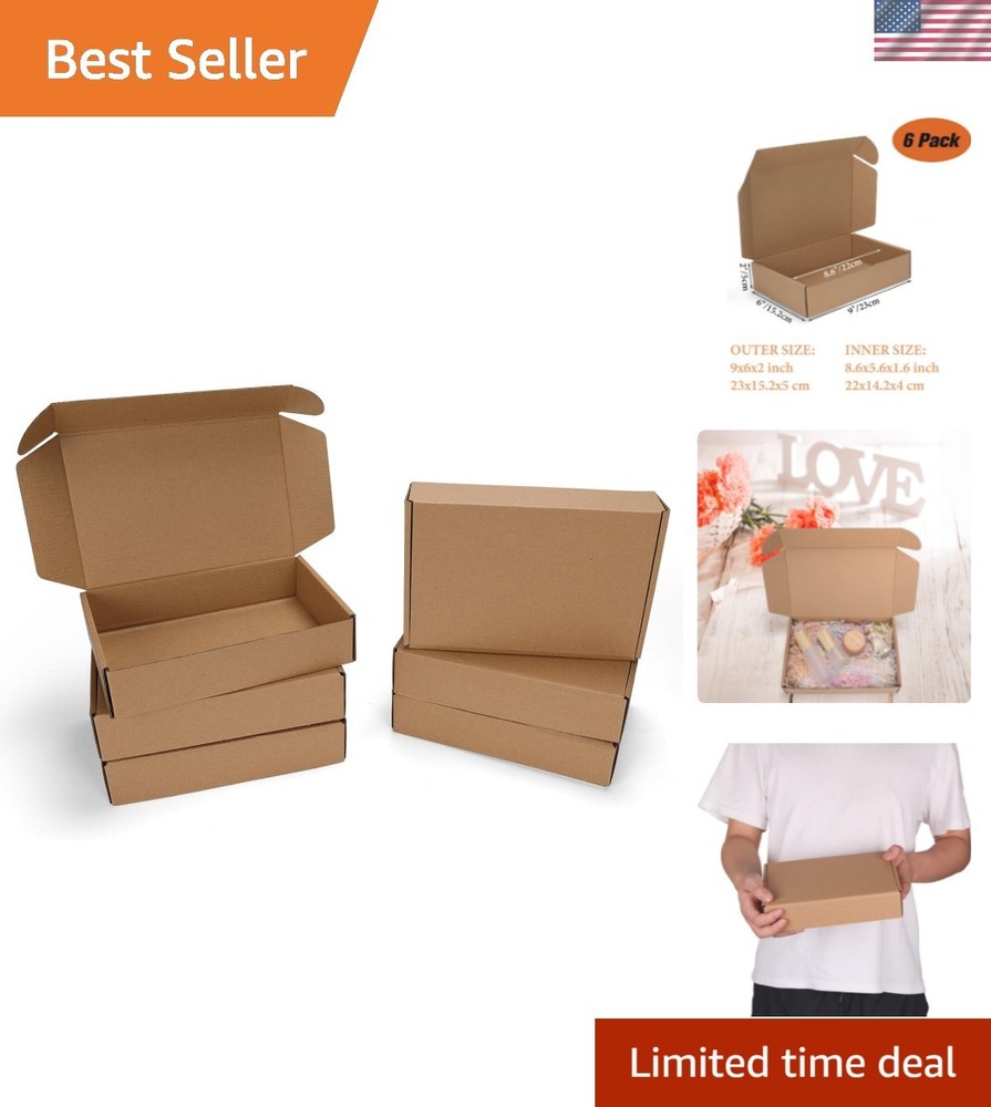 Kraft Cardboard Mailing Boxes – 6 Pack, Easy Assemble Tuck Top, 9x6x2 Inch