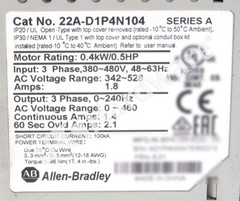 Allen Bradley 22A-D1P4N104 /A PowerFlex 4 AC Drive 480VAC 3-Phase 0.37kW 0.5HP