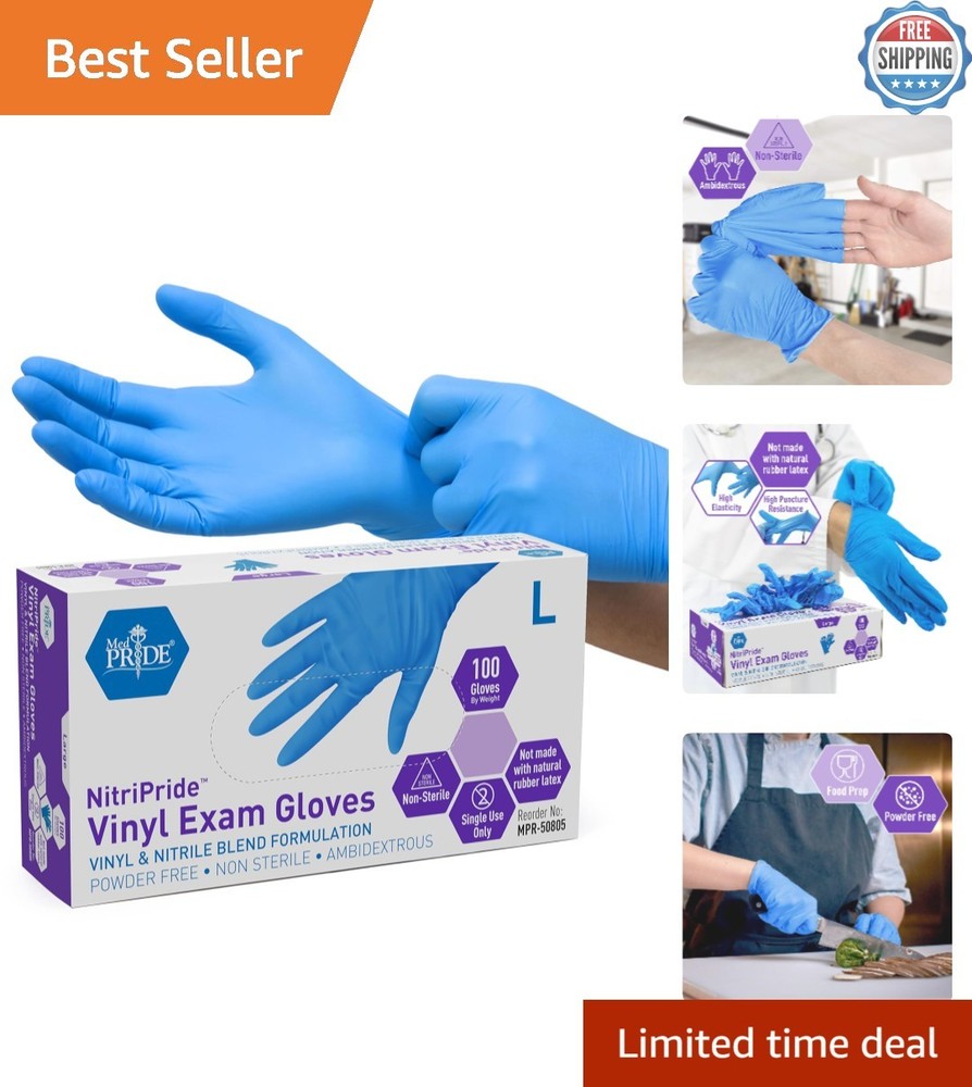Comfortable Large Blue Nitrile/Vinyl Gloves – 100 Count, Latex-Free, Food-Grade