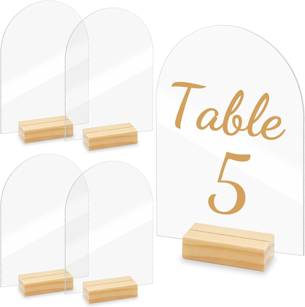 5 Sets Acrylic Sign Holder 5×7, Clear Arched Acrylic Table Numbers with Wood …