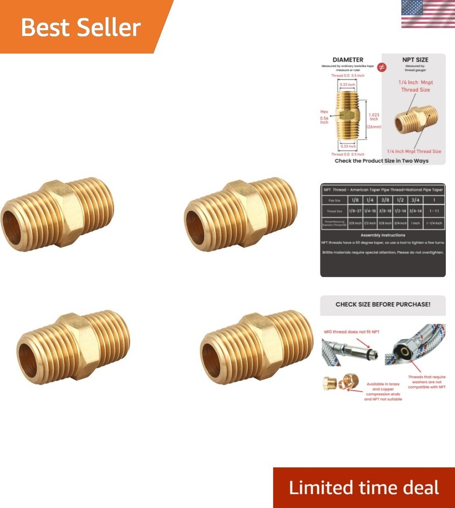 Brass Hex Nipple 1/4 Inch NPT x 1/4 Inch NPT Male Pipe Adapter, Thread 0.5″ O…