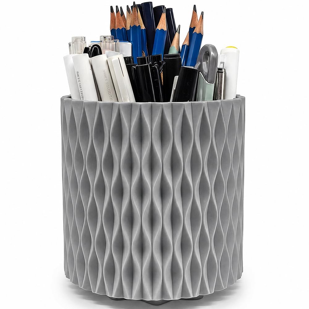 Lebenrich Rotating Pen Pencil Holder for Desk, 5 Slots Unique Grey Desk