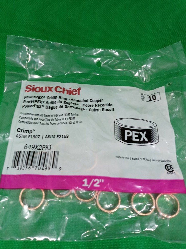 PACK OF 10 – 1/2″ PEX Copper Crimp Rings by Sioux Chief, ASTM/CSA, 649X2