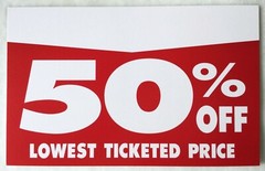 5 Ct Retail Store Sale Signs Red and White 50 Percent Off Lowest Ticketed Price