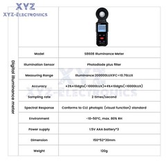 S8608 LCD Light Meter Digital Illuminance Meter Luxmeter Photometer 200000Lux